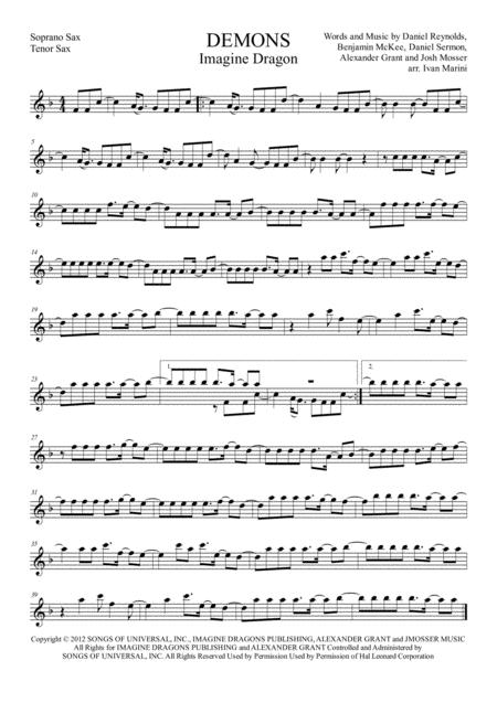 Free Sheet Music Demons By Imagine Dragons For Soprano Or Tenor Sax