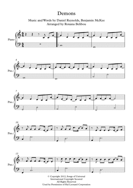 Demons C Major By Imagine Dragons Easy Piano Sheet Music