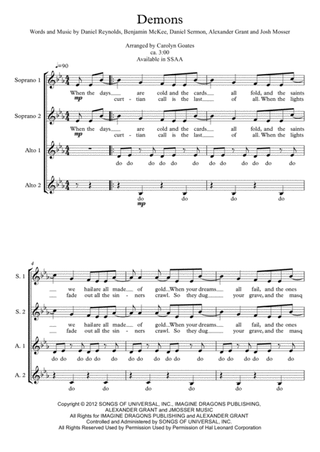 Demons Imagine Dragons Ssaa A Capella Choir Sheet Music