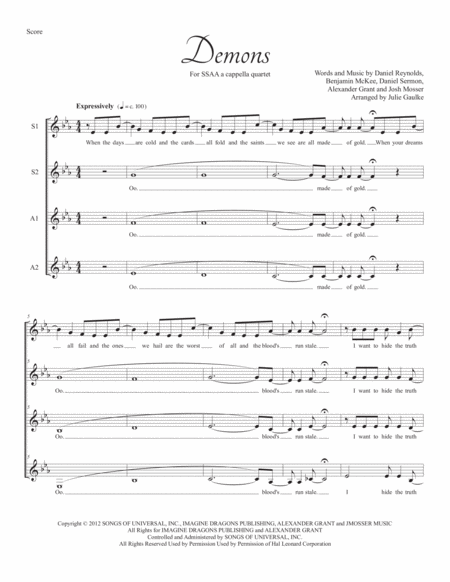 Demons Imagine Dragons Ssaa A Cappella Quartet Sheet Music