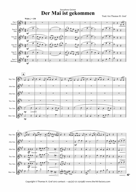 Der Mai Ist Gekommen German Folk Song Saxophone Quintet Sheet Music