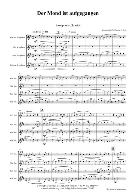 Der Mond Ist Aufgegangen German Folk Song Saxophone Quartet Sheet Music