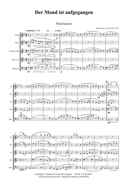 Der Mond Ist Aufgegangen German Folk Song Wind Quintet Sheet Music