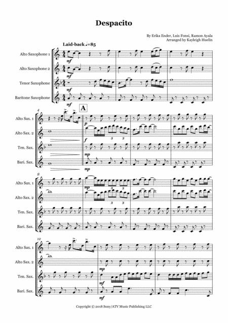 Despacito By Luis Fonsi Saxophone Quartet Aatb Sheet Music