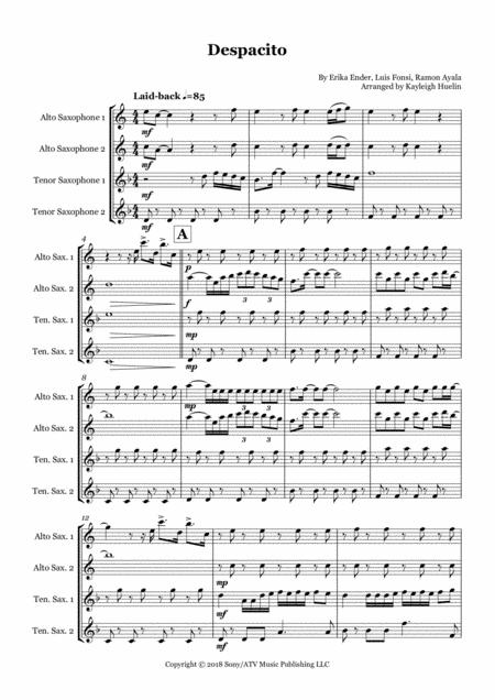 Free Sheet Music Despacito By Luis Fonsi Saxophone Quartet Aatt