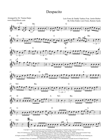 Despacito Solo Treble Clef With Chord Changes Sheet Music