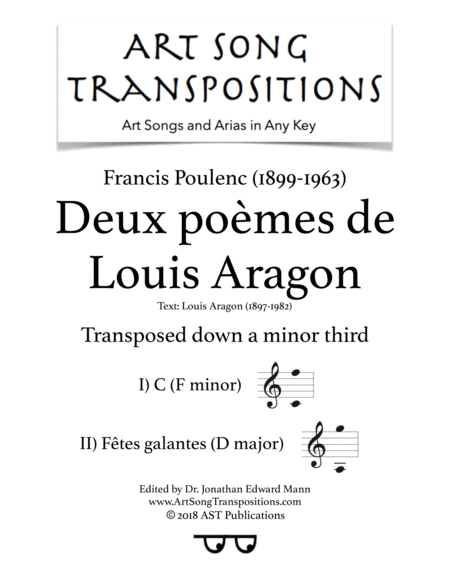 Deux Pomes De Louis Aragon Transposed Down A Minor Third F Minor D Major Sheet Music