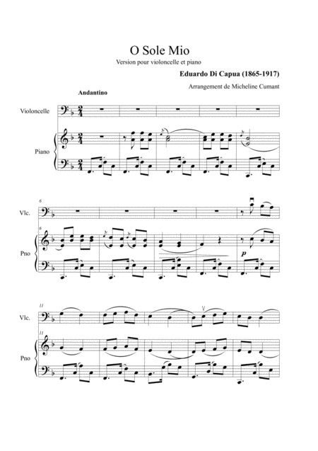 Di Capua O Sole Mio For Cello Piano Sheet Music