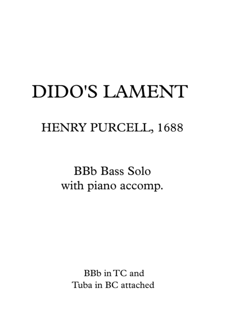 Didos Lament Bbb Bass Solo With Piano Acc Sheet Music