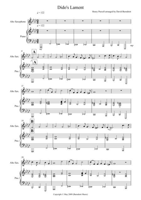 Free Sheet Music Didos Lament For Alto Saxophone And Piano