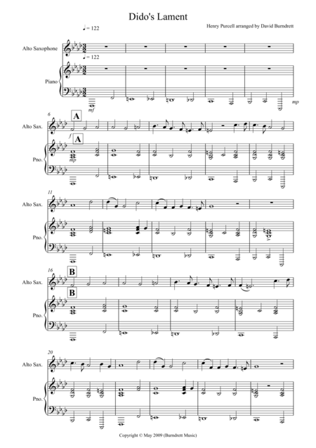 Didos Lament For Alto Saxophone And Piano Sheet Music