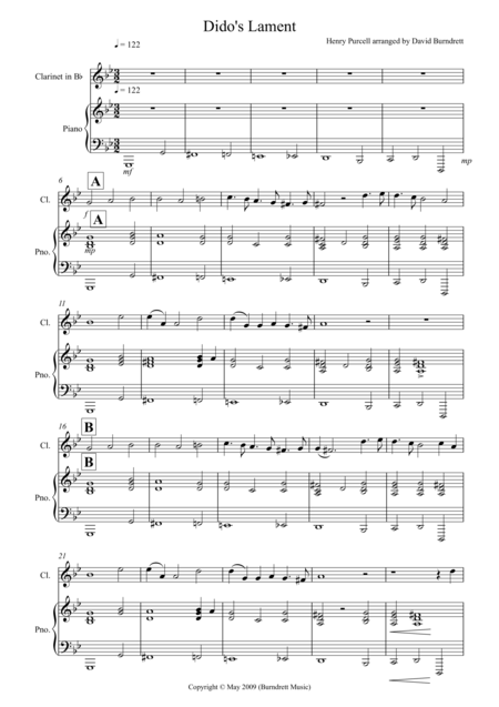 Didos Lament For Clarinet And Piano Sheet Music