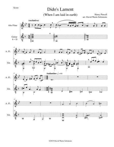 Didos Lament When I Am Laid In Earth Arranged For Alto Flute And Guitar Sheet Music