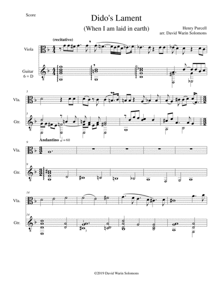 Didos Lament When I Am Laid In Earth Arranged For Viola And Guitar Sheet Music