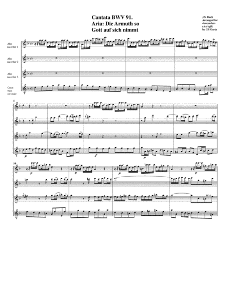 Die Armuth So Gott Auf Sich Nimmt From Cantata Bwv 91 Arrangement For 4 Recorders Sheet Music