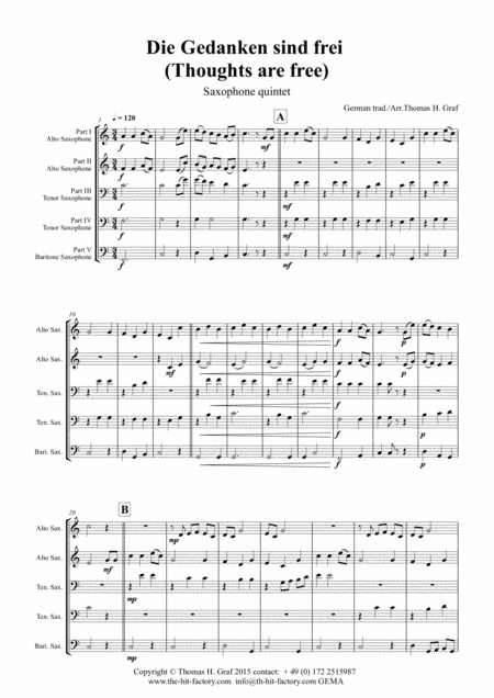 Free Sheet Music Die Gedanken Sind Frei Thoughts Are Free German Folk Song Saxophone Quintet