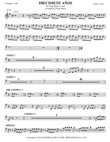 Diecisiete Aos Trumpet Trombone Piano Accordion Bass Guitar Sheet Music