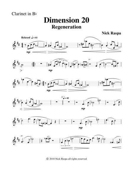 Dimension 20 Regeneration B Flat Clarinet Part Sheet Music