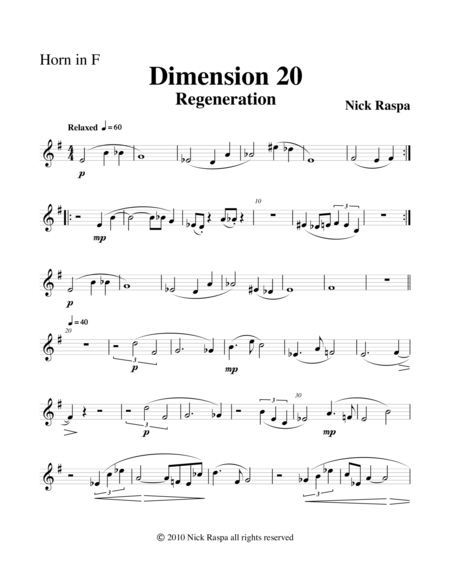 Dimension 20 Regeneration Horn In F Part Sheet Music