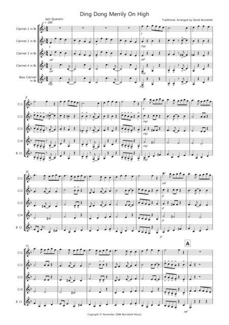 Free Sheet Music Ding Dong Merrily On High For Clarinet Quintet