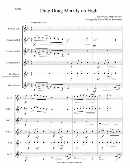 Ding Dong Merrily On High Jazzed Up Version For Clarinet Sextet Sheet Music