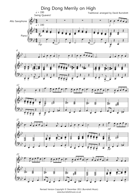 Ding Dong Merrily On High Jazzy Style For Alto Saxophone And Piano Sheet Music