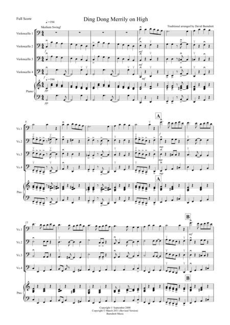 Ding Dong Merrily On High Jazzy Style For Cello Quartet Sheet Music