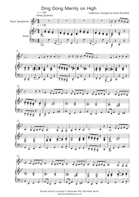 Ding Dong Merrily On High Jazzy Style For Tenor Saxophone And Piano Sheet Music