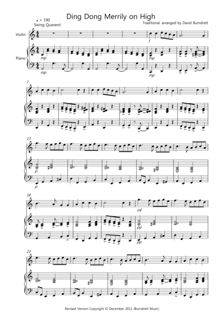 Ding Dong Merrily On High Jazzy Style For Violin And Piano Sheet Music