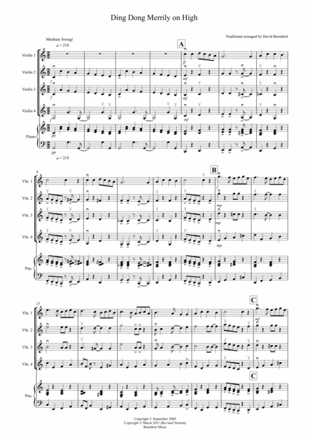 Ding Dong Merrily On High Jazzy Style For Violin Quartet Sheet Music