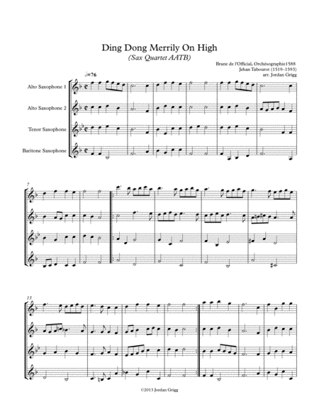 Ding Dong Merrily On High Sax Quartet Aatb Sheet Music