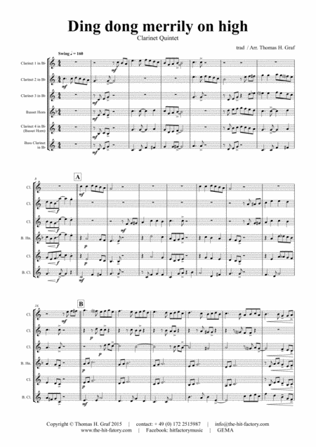 Free Sheet Music Ding Dong Merrily On High Swing Clarinet Quintet