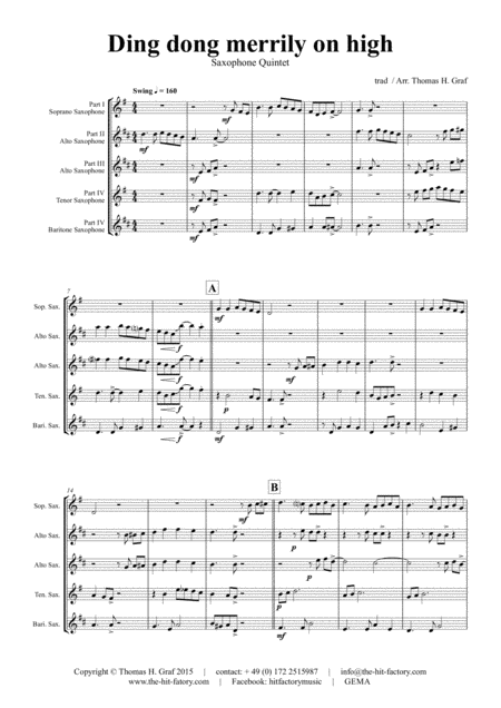 Ding Dong Merrily On High Swing Saxophone Quintet Sheet Music