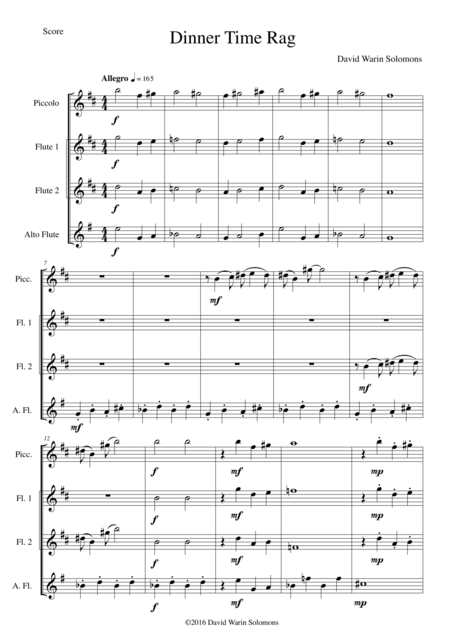 Dinner Time Rag For High Flute Quartet Piccolo 2 Flutes Alto Flute Sheet Music