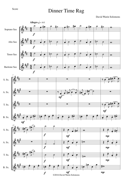 Dinner Time Rag For Saxophone Quartet Sheet Music