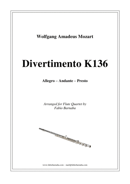 Divertimento In D Major K136 For Flute Quartet Or Flute Choir Sheet Music