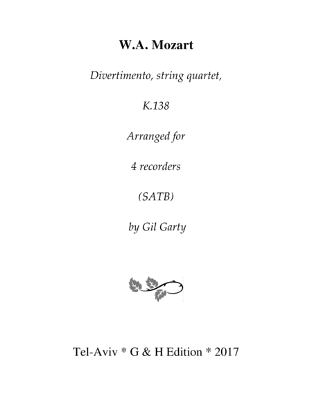 Divertimento K 138 Arrangement For 4 Recorders Sheet Music