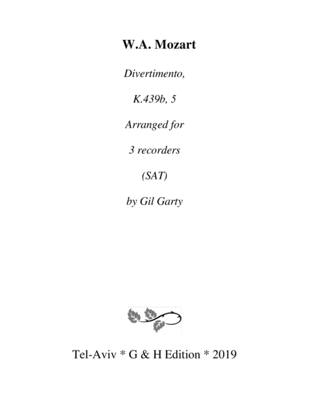 Divertimento K 439b 5 Arrangement For Recorders Sheet Music