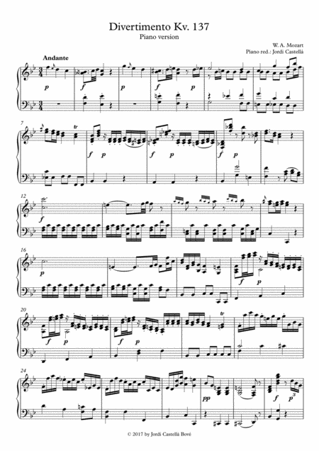 Divertimento Kv 137 Piano Version Sheet Music