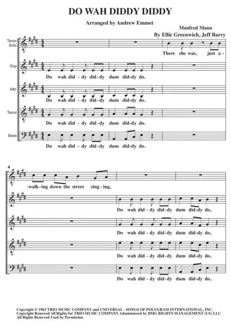 Free Sheet Music Do Wah Diddy Diddy A Cappella