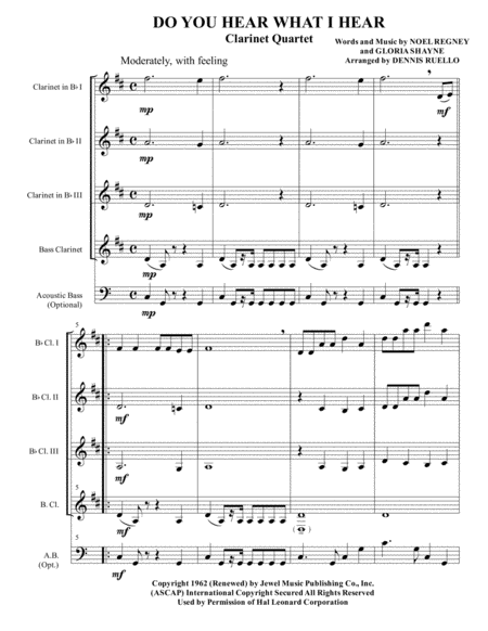 Do You Hear What I Hear Clarinet Quartet Sssb With Opt Acoustic Bass 2018 Holiday Contest Entry Sheet Music