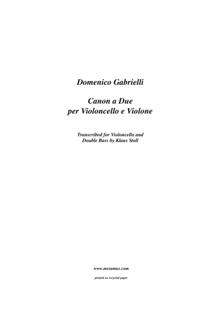 Domenico Gabrielli 1659 1690 Canon A Due Transcribed And Edited By Klaus Stoll Sheet Music