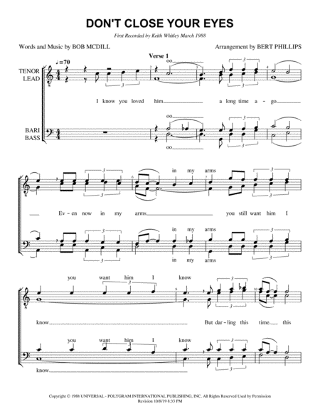 Free Sheet Music Dont Close Your Eyes Ttbb Barbershop Choral