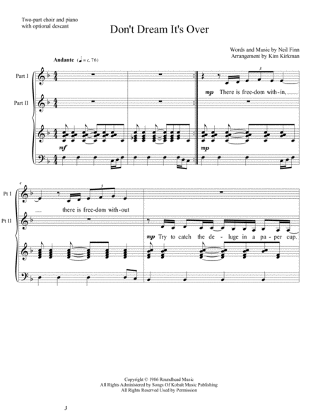 Free Sheet Music Dont Dream Its Over For Two Part Choir And Piano