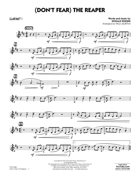 Free Sheet Music Dont Fear The Reaper Arr Paul Murtha Bb Clarinet 1