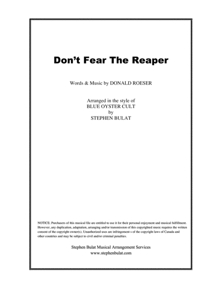 Dont Fear The Reaper Blue Oyster Cult Lead Sheet Individual Parts In Original Key Of Am Sheet Music