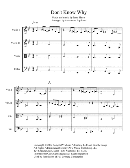 Dont Know Why Norah Jones String Quartet Sheet Music