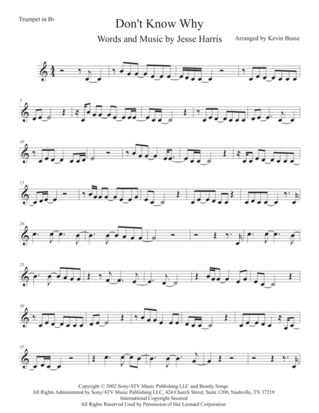 Dont Know Why Original Key Trumpet Sheet Music