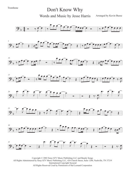 Dont Know Why Trombone Sheet Music