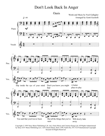 Dont Look Back In Anger Piano Vocal Sheet Music